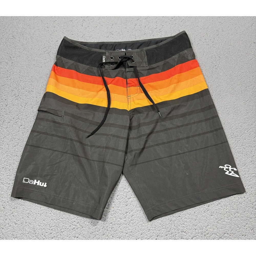 Da Hui Board Shorts Mens 30 Gray Multicolor Stripe Swim Trunks Stretch Surf